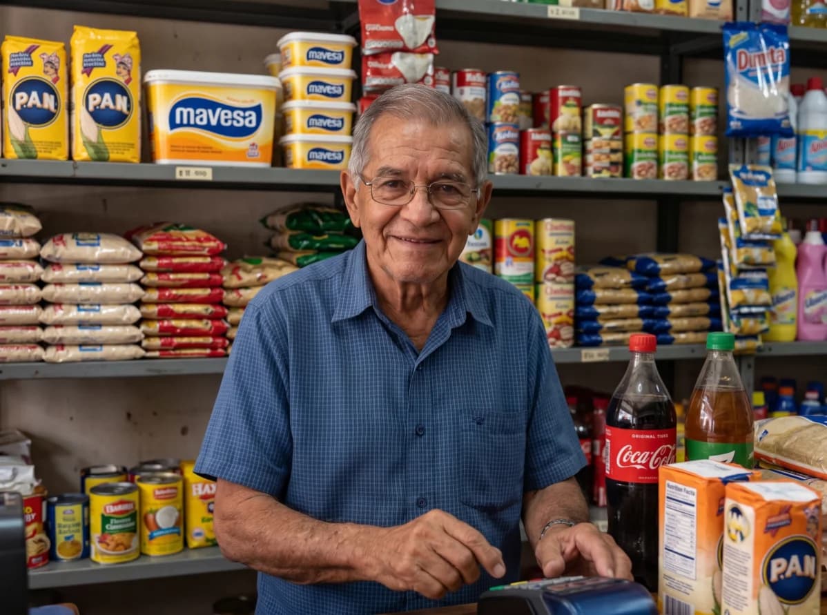 Comerciante venezolano en su bodega, con el punto de venta a la vista