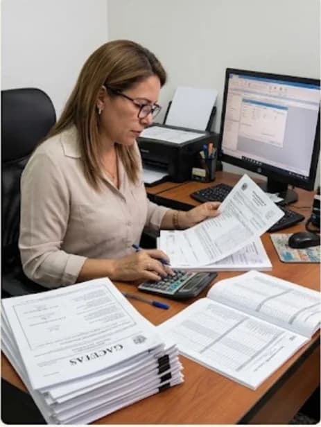 Contadora revisando declaraciones en su escritorio